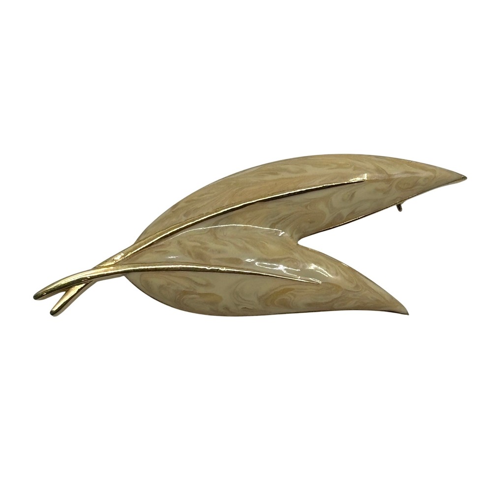 D'Orlan Vintage Double Leaf Brooch Gold Tone‎ Marbled Cream Enamel Pin